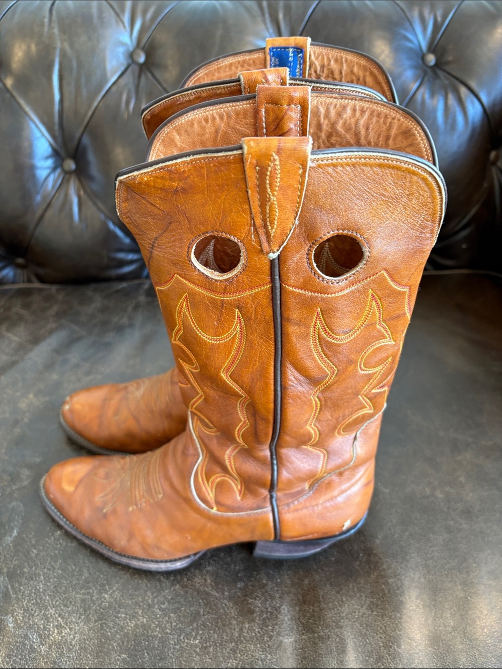 Classic Brown Leather Cowboy Boots with Pull Holes Size 10